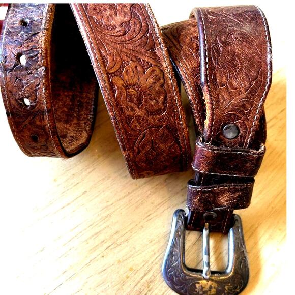 VTG 80s TOOLED LEATHER Western BELT L/XL Silver Buckle & Tip cowboy JUSTIN - Picture 2 of 16